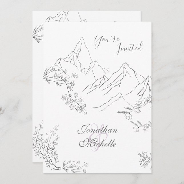Pretty Mountains, Flowers and Branches Wedding Invitation (Front/Back)