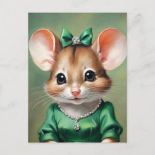 Pretty Mouse w/ Green Dress Art Postcard