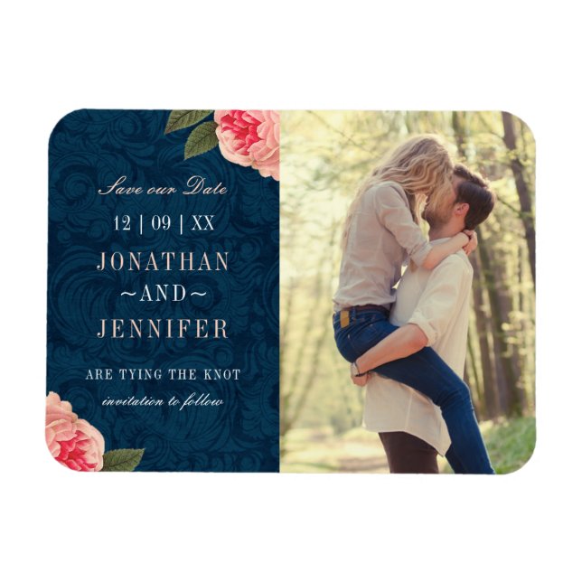 Pretty Navy and Coral Save the Date Postcard Magnet (Horizontal)