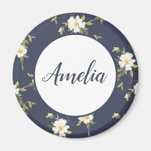 Pretty Navy and White Floral Personalized Magnet