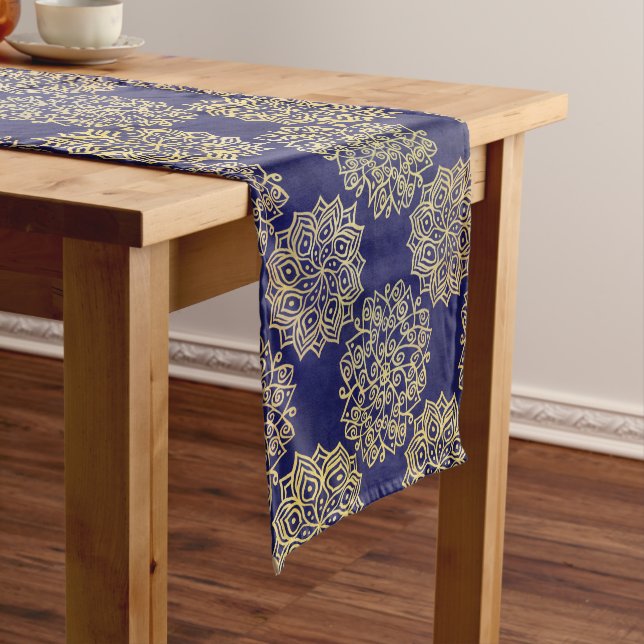 Pretty Navy Blue and Gold Kaleidoscope Pattern Short Table Runner (In Situ)