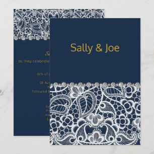 Pretty Navy Lace Diamond Wedding Invitation