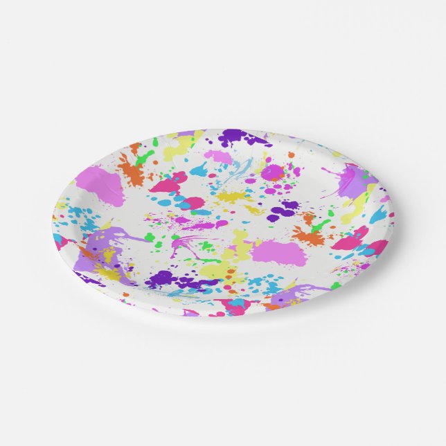 Pretty Neon Paint Splatter, Paintball, Paper Plate (Angled)