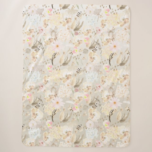 Pretty neutral abstract cream pink floral sherpa blanket (Front)