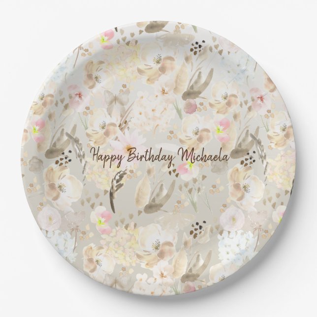Pretty Neutral Cream Pink Floral Paper Plate (Front)