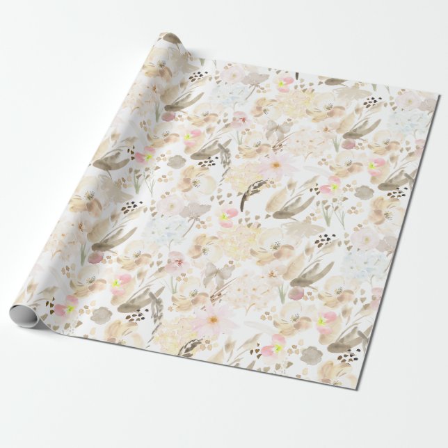 Pretty Neutral Cream Pink Floral Wrapping Paper (Unrolled)