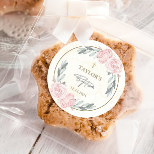 Pretty Neutral Watercolor Floral Baptism Classic Round Sticker