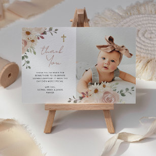 Pretty Neutral Watercolor Floral   Baptism Photo Thank You Card