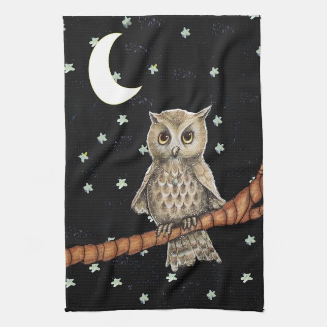 Pretty Night Owl Necklace Moon Stars on Black Kitchen Towel (Vertical)