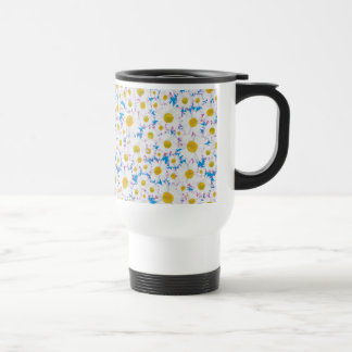 Pretty Non-spill Travel Mug: Ditzy Daisies on Blue Travel Mug