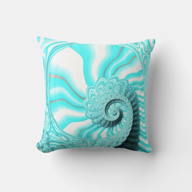 Pretty Ocean Blue Nautilus Shell Spiral Fractal Throw Pillow (Front)