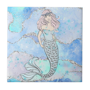 Pretty Ocean Mermaid Blue Silver Glitter Design Tile