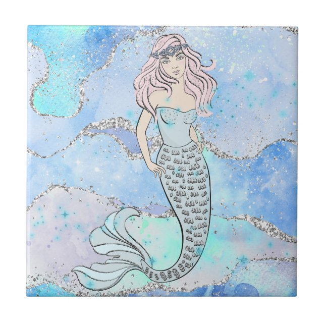 Pretty Ocean Mermaid Blue Silver Glitter Design Tile (Front)