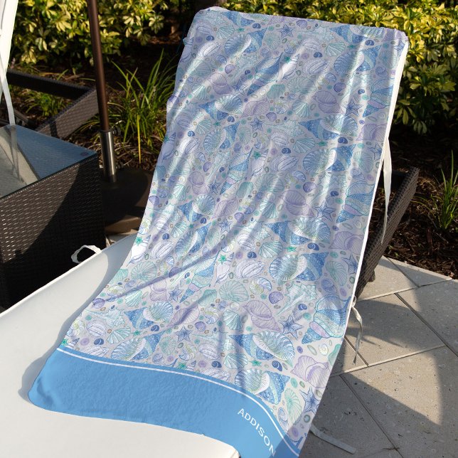 Pretty Ocean Seashell Pattern with Name Blue Beach Towel (Creator Uploaded)