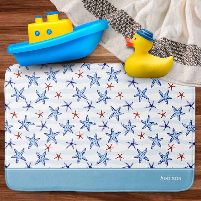 Pretty Ocean Starfish Pattern with Name Blue Bath Mat (Creator Uploaded)