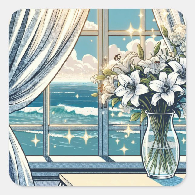 Pretty Ocean View and Vase of Flowers  Square Sticker (Front)