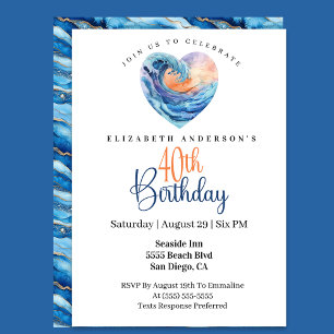 Pretty Ocean Wave Heart 40th Birthday Invitation