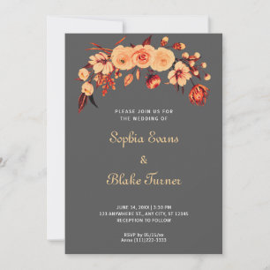 Pretty Orange Bohemian Floral Grey Wedding Invitation