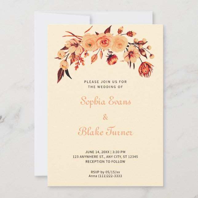 Pretty Orange Bohemian Floral Yellow Wedding Invitation (Front)