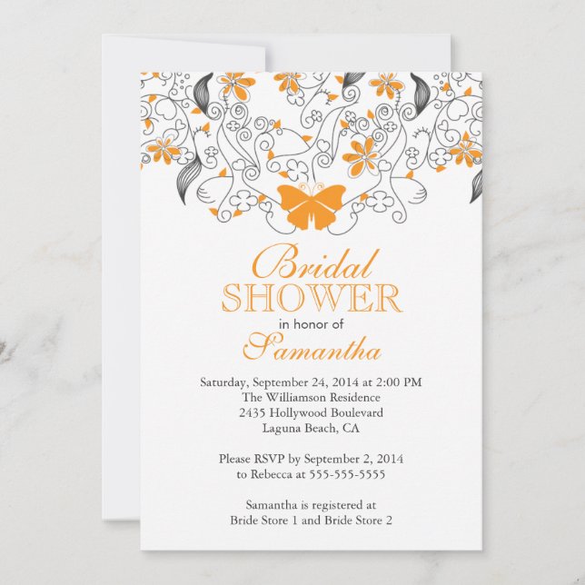 Pretty Orange Butterfly Floral Bridal Shower Invitation (Front)