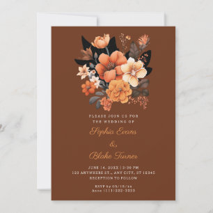 Pretty Orange Floral Bouquet Fall Brown Wedding Invitation