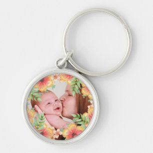 Pretty Orange Floral Custom Photo Keychain