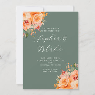 Pretty Orange Floral Elegant Green Wedding Invitation