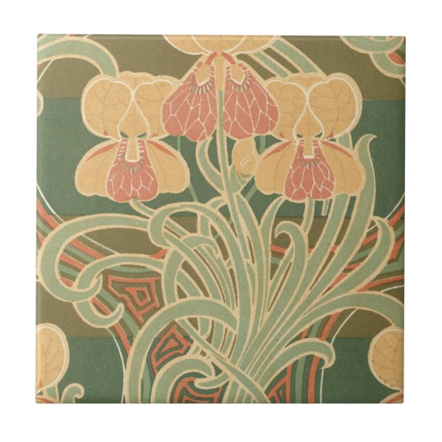 pretty orange flowers art nouveau design tile (Front)