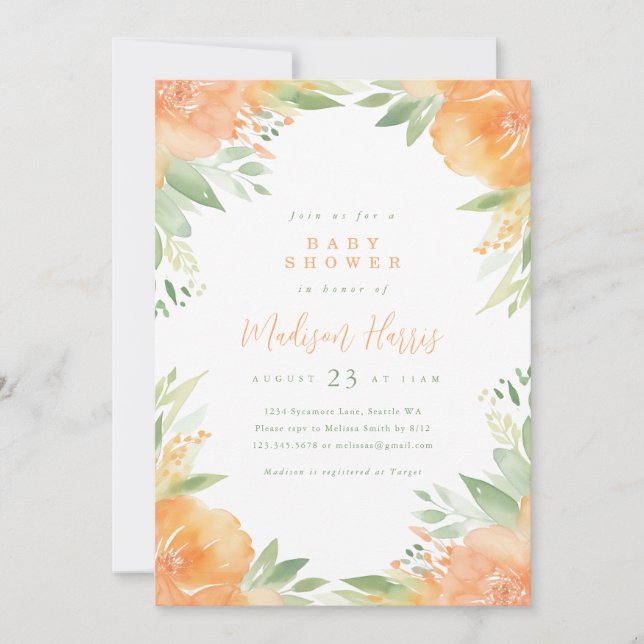 Pretty Orange Flowers Baby Shower Invitation (Front)