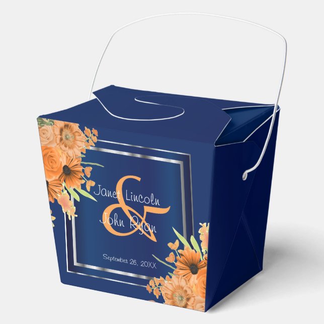 Pretty Orange Flowers on Navy Blue Favor Box (Front)