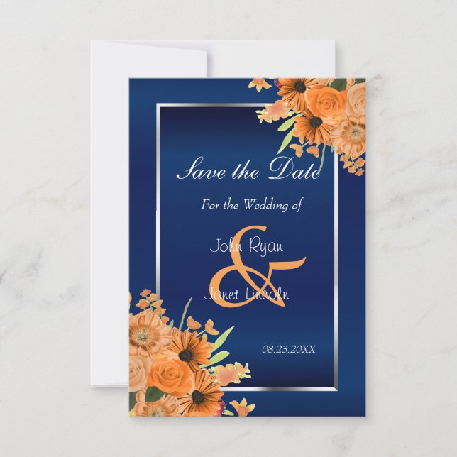Pretty Orange Flowers on Navy Blue Save The Date (Front)
