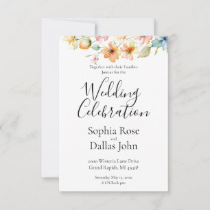 Pretty Orange Pink Watercolor Wildflowers Wedding Invitation