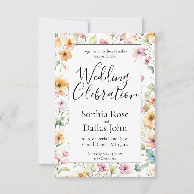 Pretty Orange Pink Watercolor Wildflowers wedding Invitation (Front)