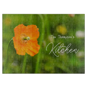 Pretty Orange Poppy Flower Photo On Green And Name Cutting Board