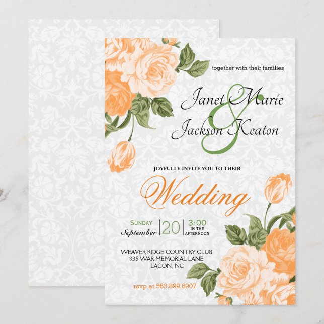 Pretty Orange Wedding Flowers Invitation (Front/Back)
