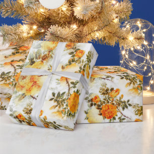 PRETTY ORANGE & YELLOW FLORAL ON WHITE WRAPPING   PAPER