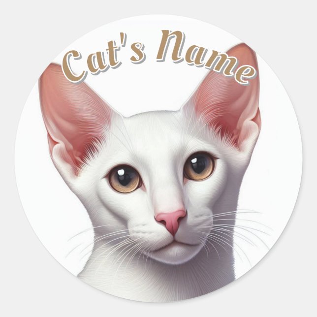 Pretty Oriental Shorthaired White Cat • Add a Name Classic Round Sticker (Front)