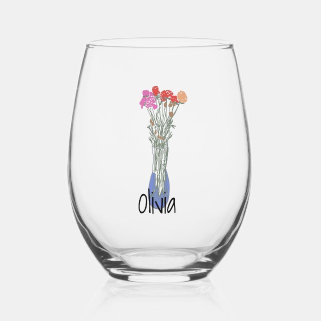 Pretty Original Flower Illustration Stemless Wine Glass (Front)