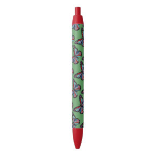 Pretty Ornate Colorful Butterfly Pattern on Green Black Ink Pen