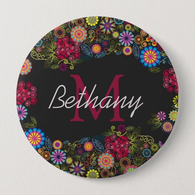 Pretty Ornate Dark Floral Pattern Personalised 4 Inch Round Button (Front)