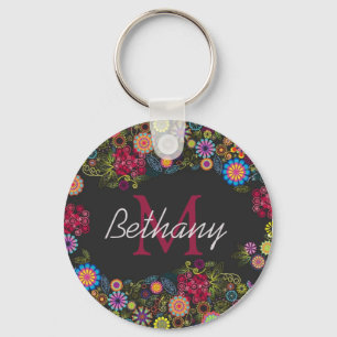 Pretty Ornate Dark Floral Pattern Personalised Keychain