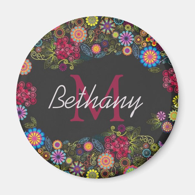 Pretty Ornate Dark Floral Pattern Personalised Magnet (Front)