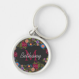 Pretty Ornate Dark Floral Pattern Personalized Keychain
