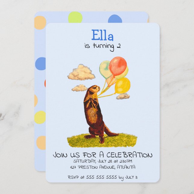 Pretty Otter Holding Party Balloons Invitation (Front/Back)