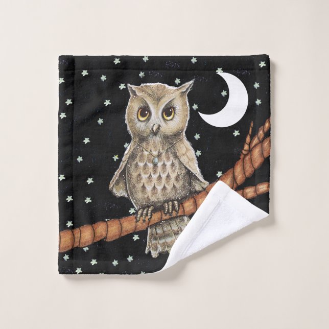 Pretty Owl Wearing Necklace on Branch Moon Stars Wash Cloth (Wash Cloth)