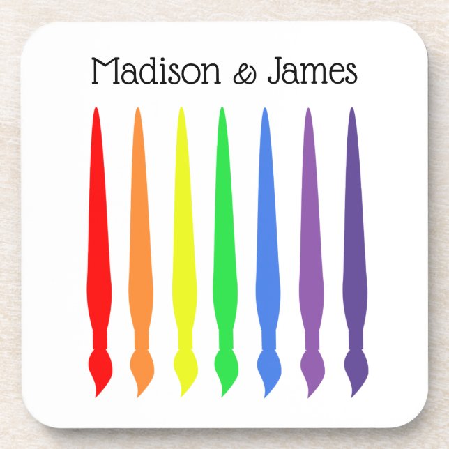Pretty paintbrushes in rainbow colours, your names coaster (Front)