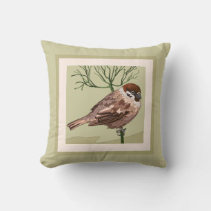 Pretty Painted Bird (Carolina Wren) on Taupe Throw Pillow
