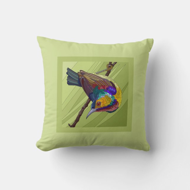 Pretty Painted Bird on Green Throw Pillow (Front)