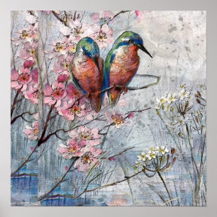Pretty Painted Blue Birds and Flowers Faux Poster