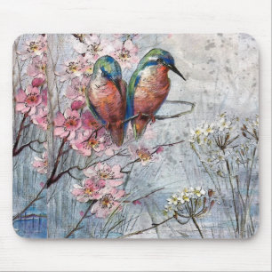 Pretty Painted Blue Birds and Flowers Mouse Pad